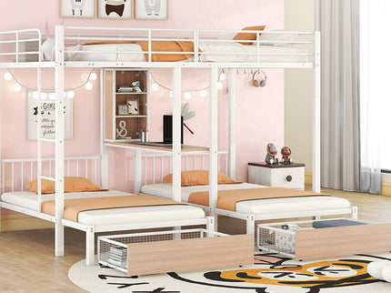 Triple Bunk Bed With Drawers, Multi-Functional Frame With Desks And Shelves In The Middle