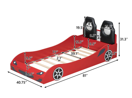 Race Car Shaped Platform Bed With LED And Upholstered Backrest In