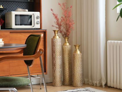 Metal Decorative Vases High Distress Metal Center Vases With Growing Vine Patterns, (Set of 3) Vases For Home Decoration - Gold