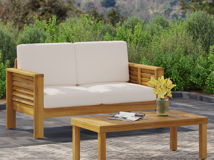 Acacia Wood Loveseat And Coffee Table Set With Cushions