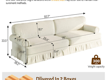 Luxuriously Comfortable Cloud Couch Sofa With Elegant Rolled Arms & Pleated Skirt Design