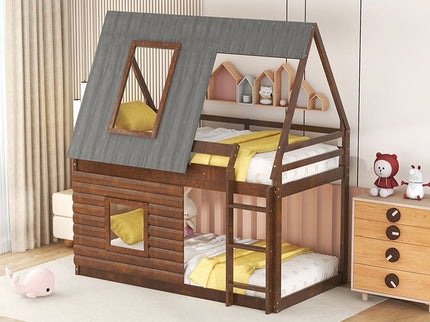 Wood Twin Size House Bunk Bed With Roof, Ladder And 2 Windows - Oak & Smoky Gray