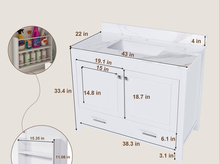 43" Bathroom Vanity, Multi Functional Cabinet With Doors And Drawer - White