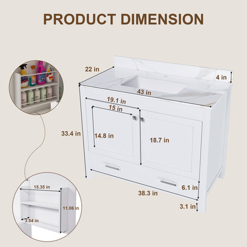 43" Bathroom Vanity, Multi Functional Cabinet With Doors And Drawer - White