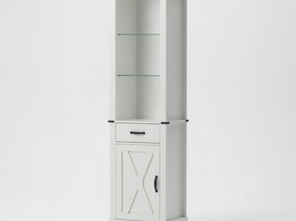 Pantry Cabinet With LED Lights And Barn Door With Tempered Glass Shelves - White