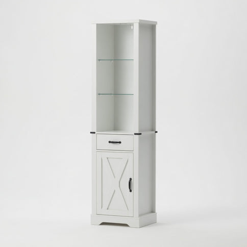 Pantry Cabinet With LED Lights And Barn Door With Tempered Glass Shelves - White