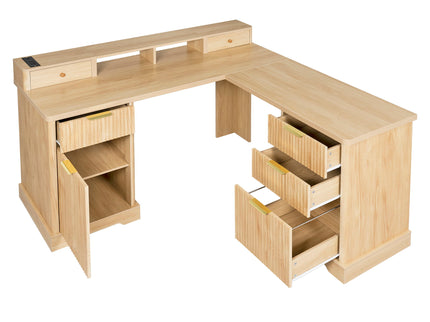 Fluted L-Shaped Desk With Charging Station & Storage Cabinet
