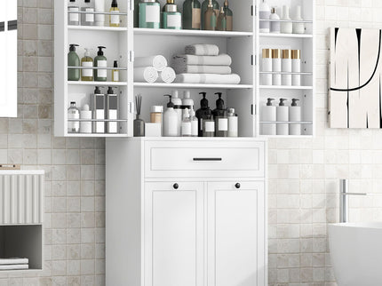 Freestanding Bathroom Storage Cabinet With Doors, Drawers, And Tilt Out Laundry Hamper - White