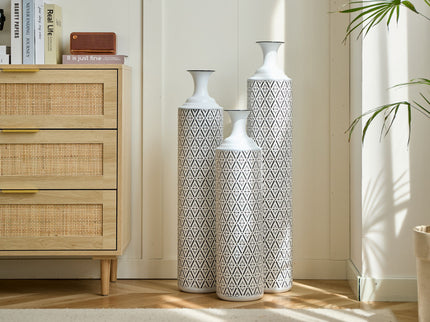 Modern Floor Vase Set Metal Vases With Geometric Pattern, 3 Piece Home Decor Set - White / Black