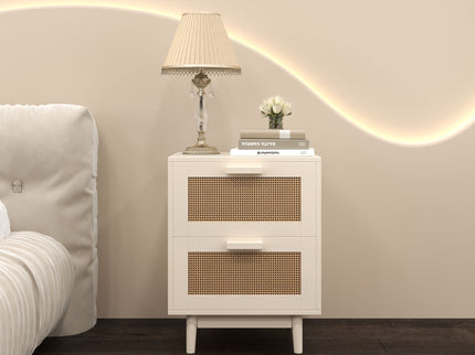Nightstand With 2 Drawers, Storage Side Table For Bedroom - Antique Natural / Rattan