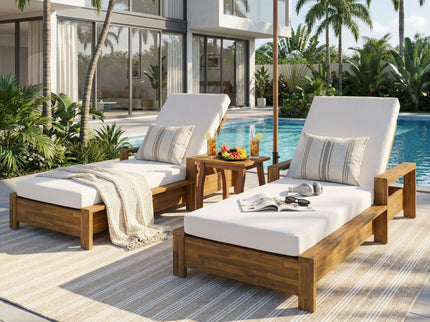 Chaise Lounge Set With 3 Position Adjustable Backrest, 2 Fold Cushion, Outdoor Recliner For Patio - Cream / Teak