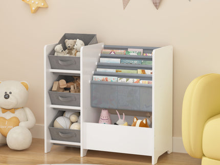 Bookshelf And Toy Storage Organizer, Multifunctional 4 Tier With 3 Collapsible Drawers - White