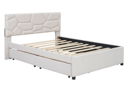 Upholstered Platform Bed With Brick Pattern Headboard And Twin Long Size Trundle