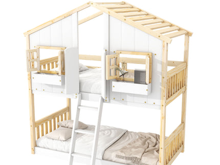 House Bunk Bed With Roof, Window, Window Box, Door, With Safety Guardrails And Ladder