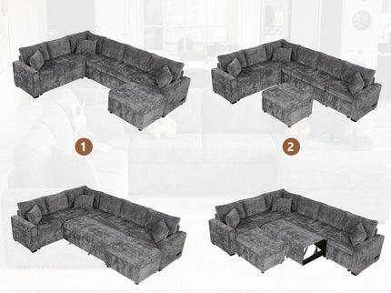 Sectional Sofa Pull-Out Sofa Bed Sleeper With A Storage Ottoman, Three Pillows And Charging Devices For Living Room