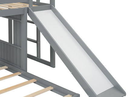 Loft Bunk Bed With Playhouse, Farmhouse, Ladder, Slide And Guardrails