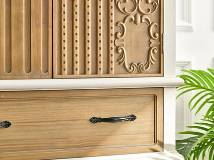 Arched Flower Carved Door Accent Sideboard Cabinet With 1 Drawer And Shelf, Cabinet For Kitchen - Natural / White