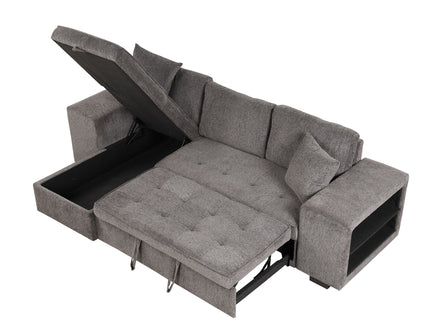 Modern L-Shape 3 Seat Reversible Sectional Couch, Pull Out Sleeper Sofa With Storage Chaise And 2 Stools For Living Room Furniture Set