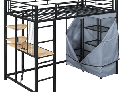 Loft Bed With Desk, Shelves, Power Outlet, LED Light And Wardrobe