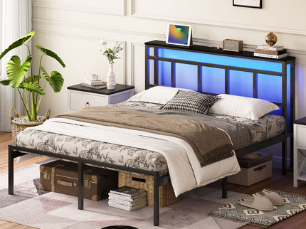 Bed Frame With Storage Headboard With USB C, Type C And LED Light