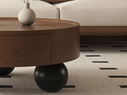 Round Coffee Table With Storage Drawer And Ball Feet - Walnut / Black