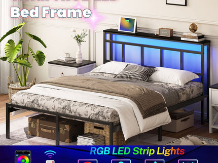 Bed Frame With Storage Headboard With USB C, Type C And LED Light