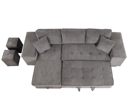 Modern L-Shape 3 Seat Reversible Sectional Couch, Pull Out Sleeper Sofa With Storage Chaise And 2 Stools For Living Room Furniture Set