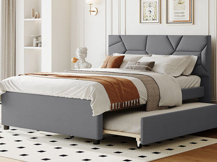 Upholstered Platform Bed With Brick Pattern Headboard And Twin Long Size Trundle