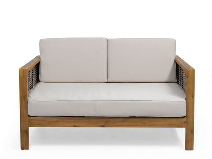 Outdoor Patio Set With Coffee Table And Loveseat - Teak / Beige