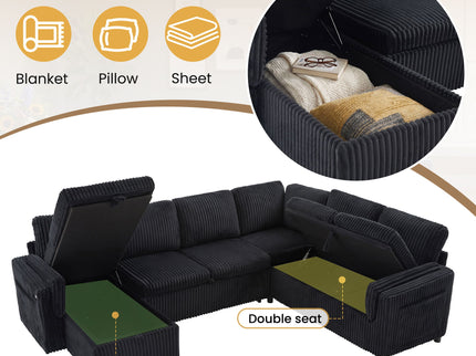 Convertible U-Shaped Sectional Sofa Bed With USB Ports And Storage