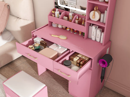 Vanity Desk With LED Mirror Lights And Power Outlet Charging Station, 3 Drawers, 7 Shelves, Storage Stool - Pink