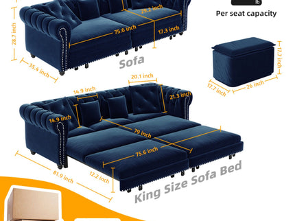3 In 1 Pull Out Convertible Sleeper Sofa Bed, King Size, Chaise Lounge