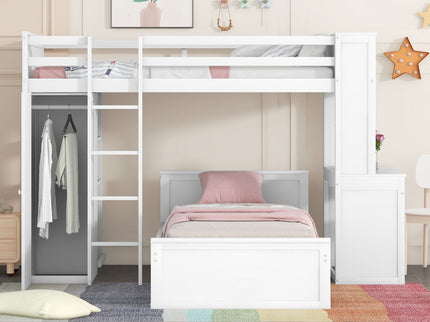Loft Bed With A Stand Alone Bed, Shelves, Desk, And Wardrobe