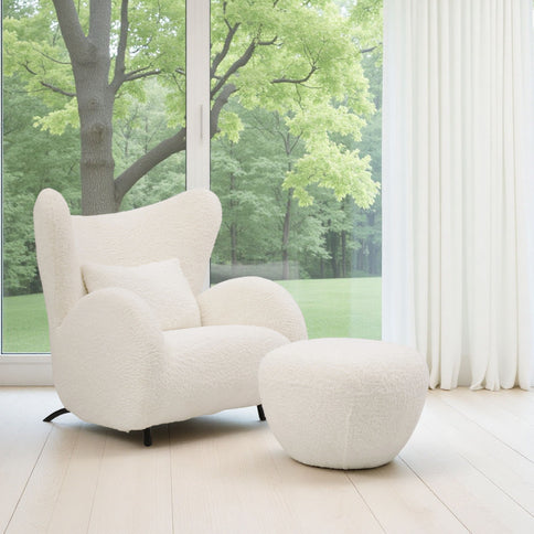 Wingback Armchair & Ottoman Combo For Living Room - White