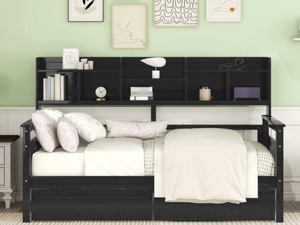 Daybed, Slat Support, With Bedside Shelves And 2 Drawers