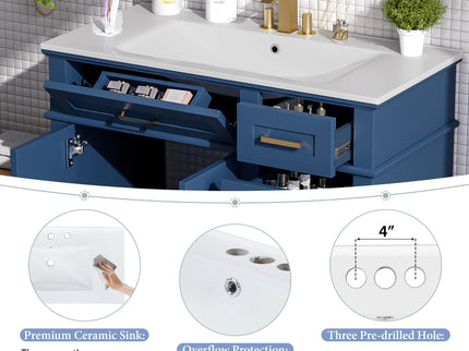 Bathroom Vanity With Ceramic Sink, Soft-Close Doors, 4 Storage Drawers - Blue