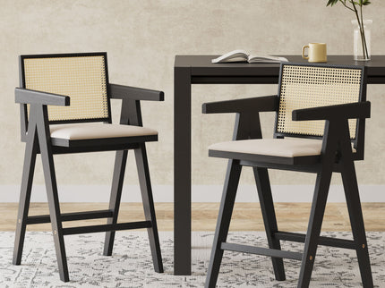 Woven Cane Plastic Backrest Bar Stool Foam Padded Fabric Seat & Durable Rubberwood Frame - Cream Gray