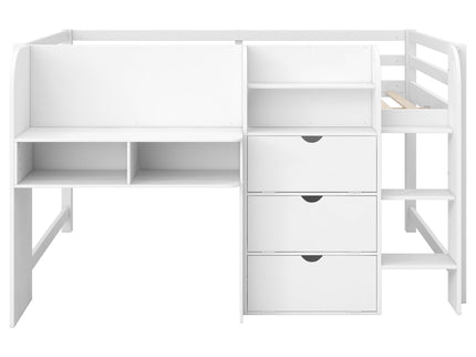 Low Loft Bed With Built In Desk, Storage Cabinets, Open Bookcase And Doodle board