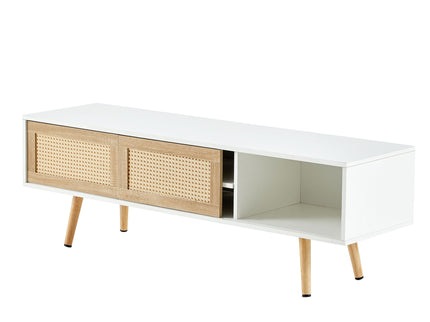 55.12" Rattan TV Cabinet, Double Sliding Doors For Storage, Adjustable Shelf, Solid Wood Legs, TV Console For Living Room