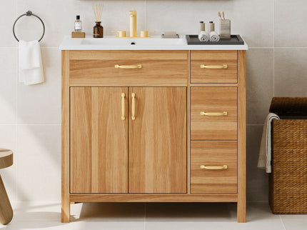 Bathroom Vanity, 2 Soft Close Doors, 3 Soft Close Drawers, Adjustable Shelf - Wood
