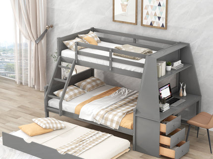 Bunk Bed With Trundle And Built In Desk, 3 Storage Drawers And Shelf
