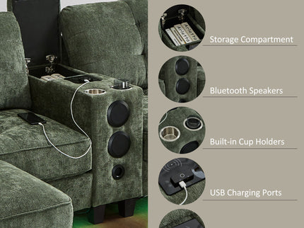 Modern Sectional Sofa U-Shaped With Movable Ottomans, tooth Speakers, LED Lights And Modular Storage