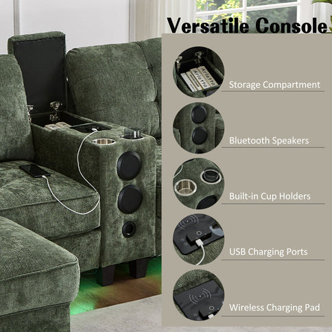 Modern Sectional Sofa U-Shaped With Movable Ottomans, tooth Speakers, LED Lights And Modular Storage