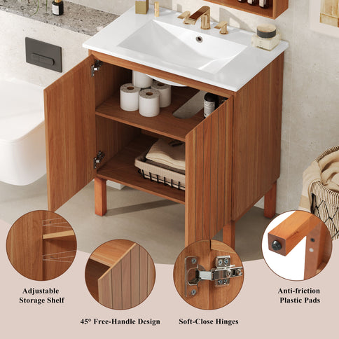 Bathroom Vanity With Sink, Minimalist Design, 45 Degrees Free Handle Doors - Antique Natural