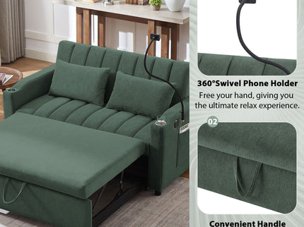 Convertible Sofa Bed Loveseat Sofa With Three USB Ports, Two Side Pockets, Two Cup Holders And 360° swivel Phone Holder For Living Room