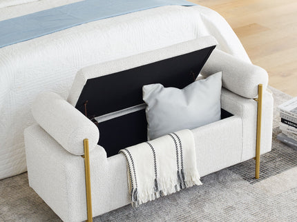 Elegant Upholstered Storage Bench With Cylindrical Arms And Iron Legs,