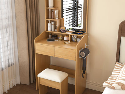 Vanity Table With LED Mirror, Power Outlet, Hairdryer Holder & Padded Stool, Compact Dressing Desk For Small Bedrooms - Wood