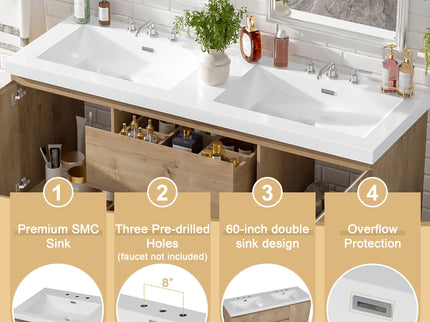 Double Sink Bathroom Vanity, Cabinet & Soft Close Doors, Divided Drawers, Wall Mounted Storage - Wood