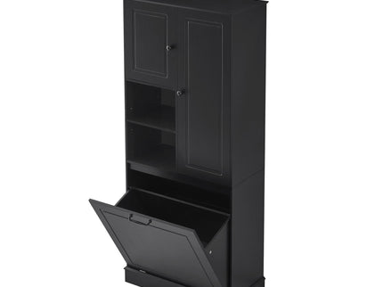 Modern Tall Storage Cabinet With Adjustable Shelves, Flip-Out Basket & Enclosed Doors