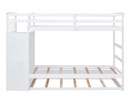 Twin Over Twin Bunk Bed With Trundle And Staircase - White